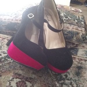 Qupid Black Velvet with Hot Pink Velvet Trim Heels